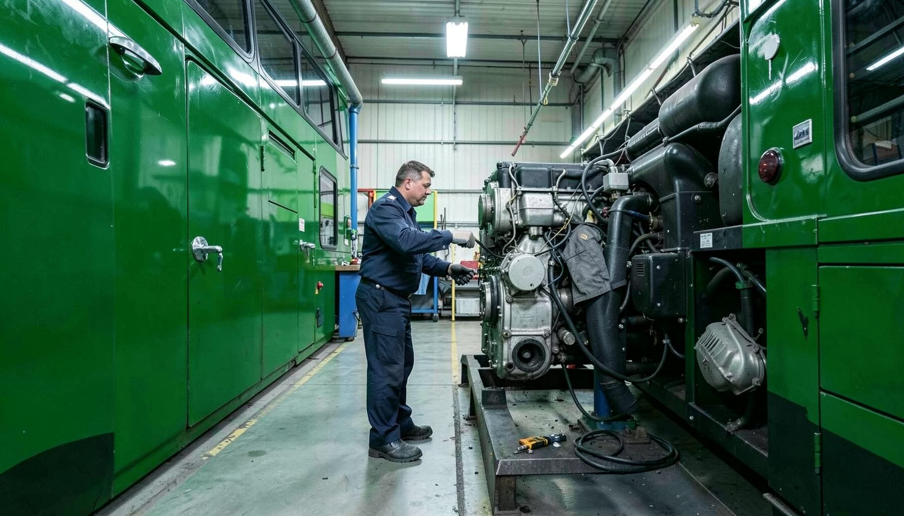 Mécanicien en uniforme inspectant un moteur de bus dans un atelier bien éclairé.