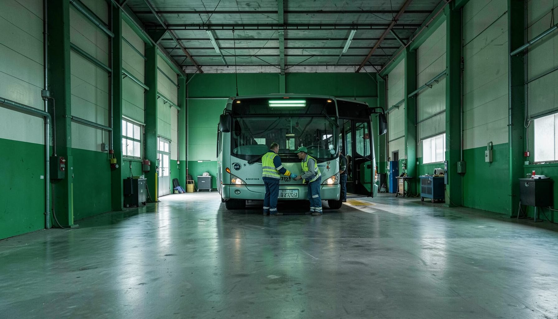 Deux professionnels en tenue de travail discutant près d'un bus dans un garage spacieux.