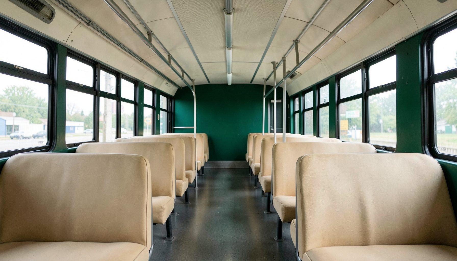 Intérieur propre d'un bus scolaire vu depuis l'allée centrale, rangées de sièges beiges sous une lumière douce.