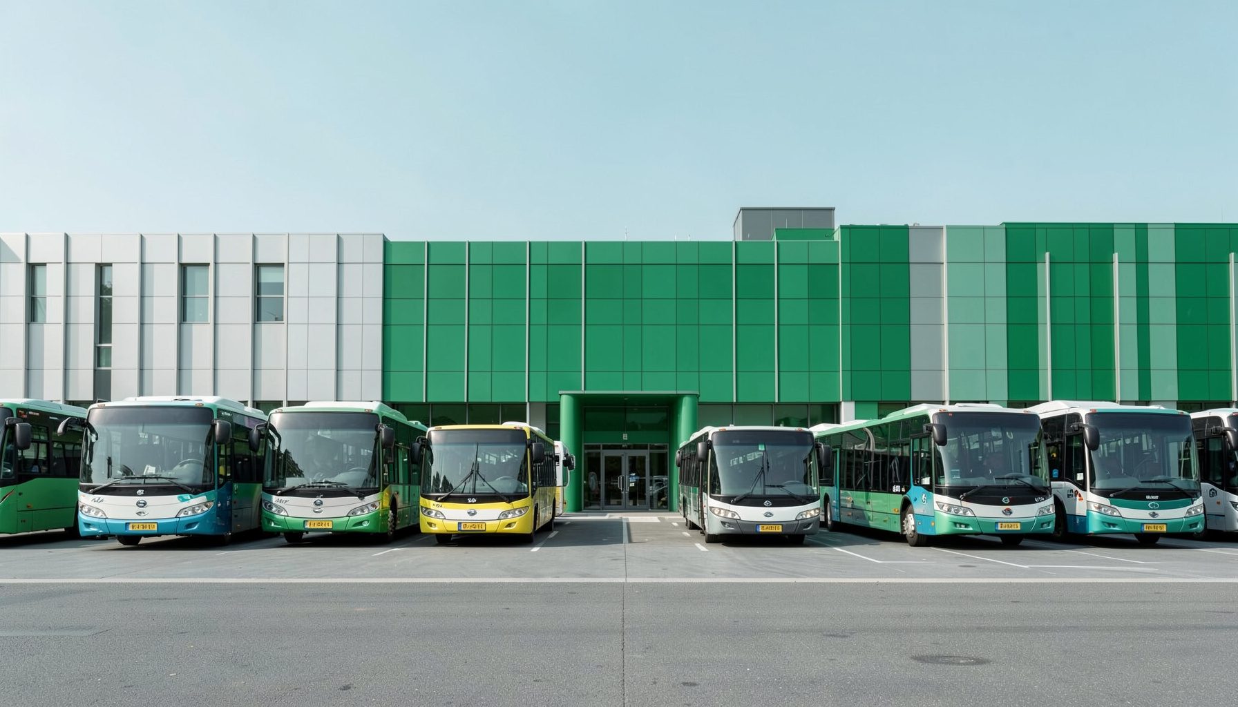 Flotte de bus scolaires garés en rangée devant un bâtiment moderne aux lignes épurées.