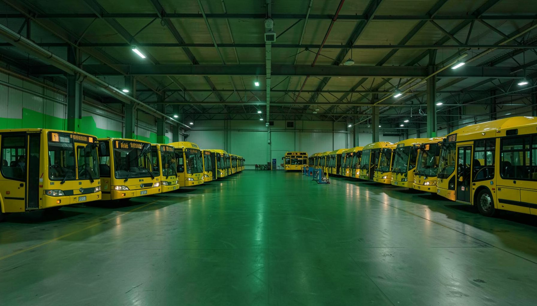 Rangée de bus scolaires jaunes alignés avec précision dans un dépôt spacieux, sous un éclairage industriel tamisé, évoquant fiabilité et organisation.