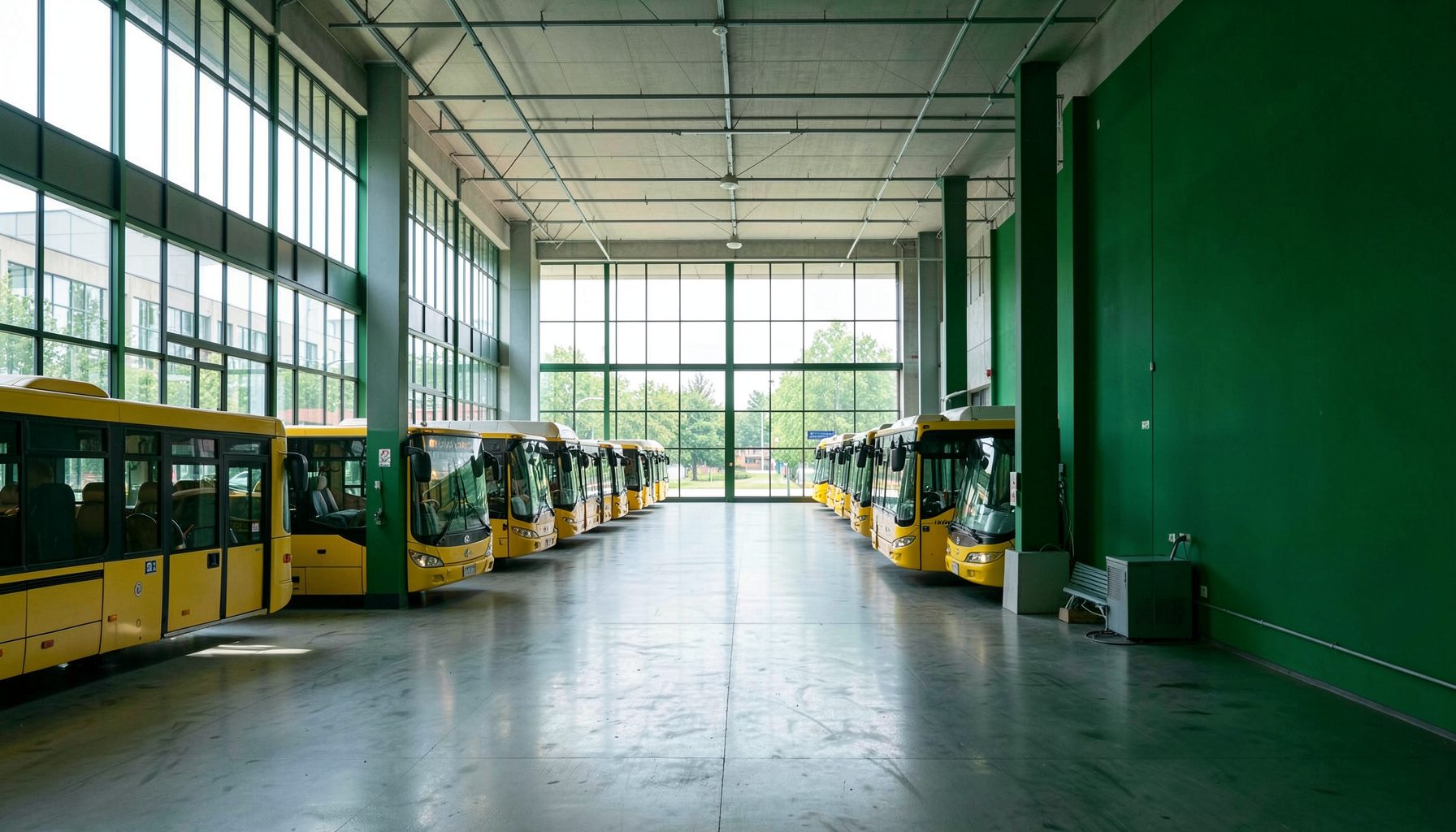 Vaste entrepôt abritant des bus scolaires jaunes stationnés en ordre, baigné d'une lumière naturelle traversant de larges baies vitrées.